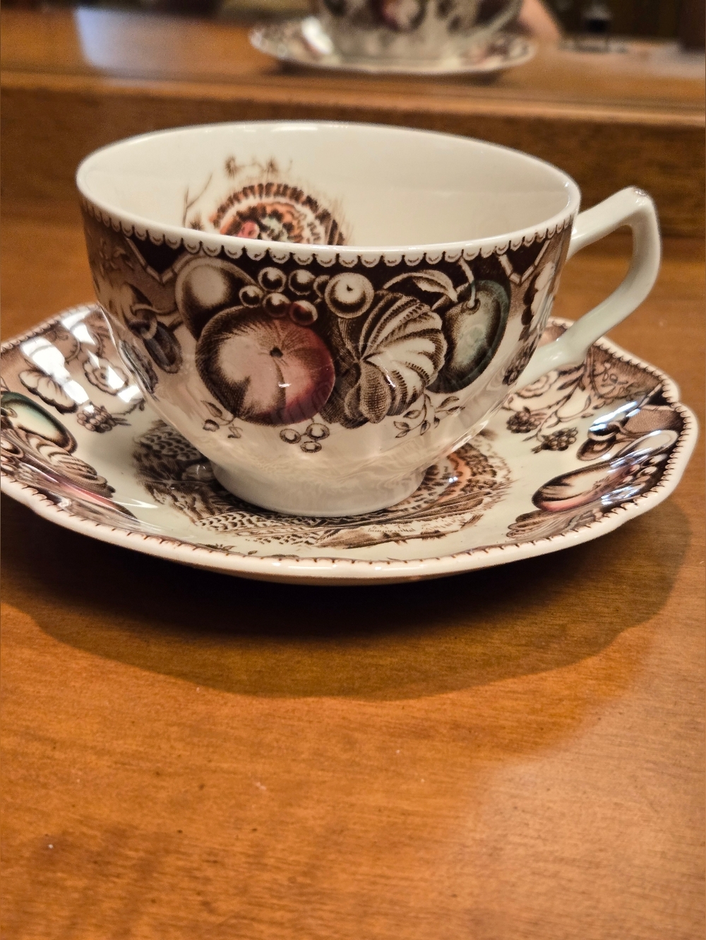 Vintage Fruit Motif Teacup & Saucer - Brown and Pink Accents